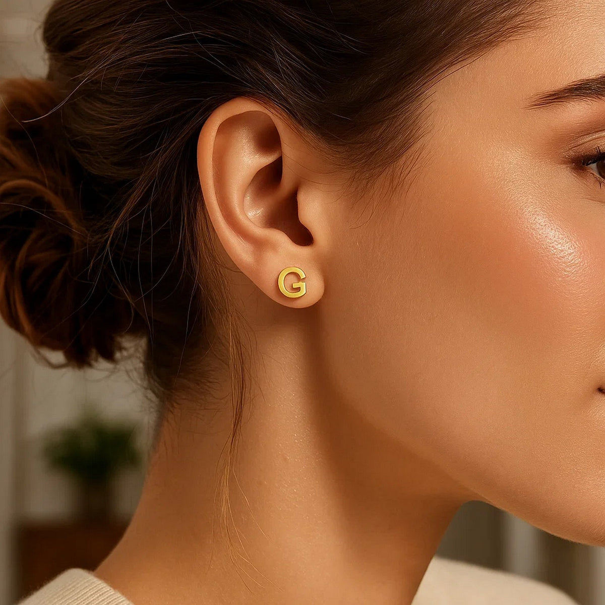 14K Yellow Gold Yours Truly Initial G Stud Earrings, view 3