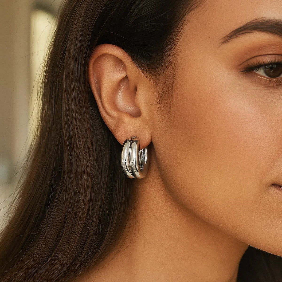 Sterling Silver Puffed Double Row Hoop Earrings, view 3