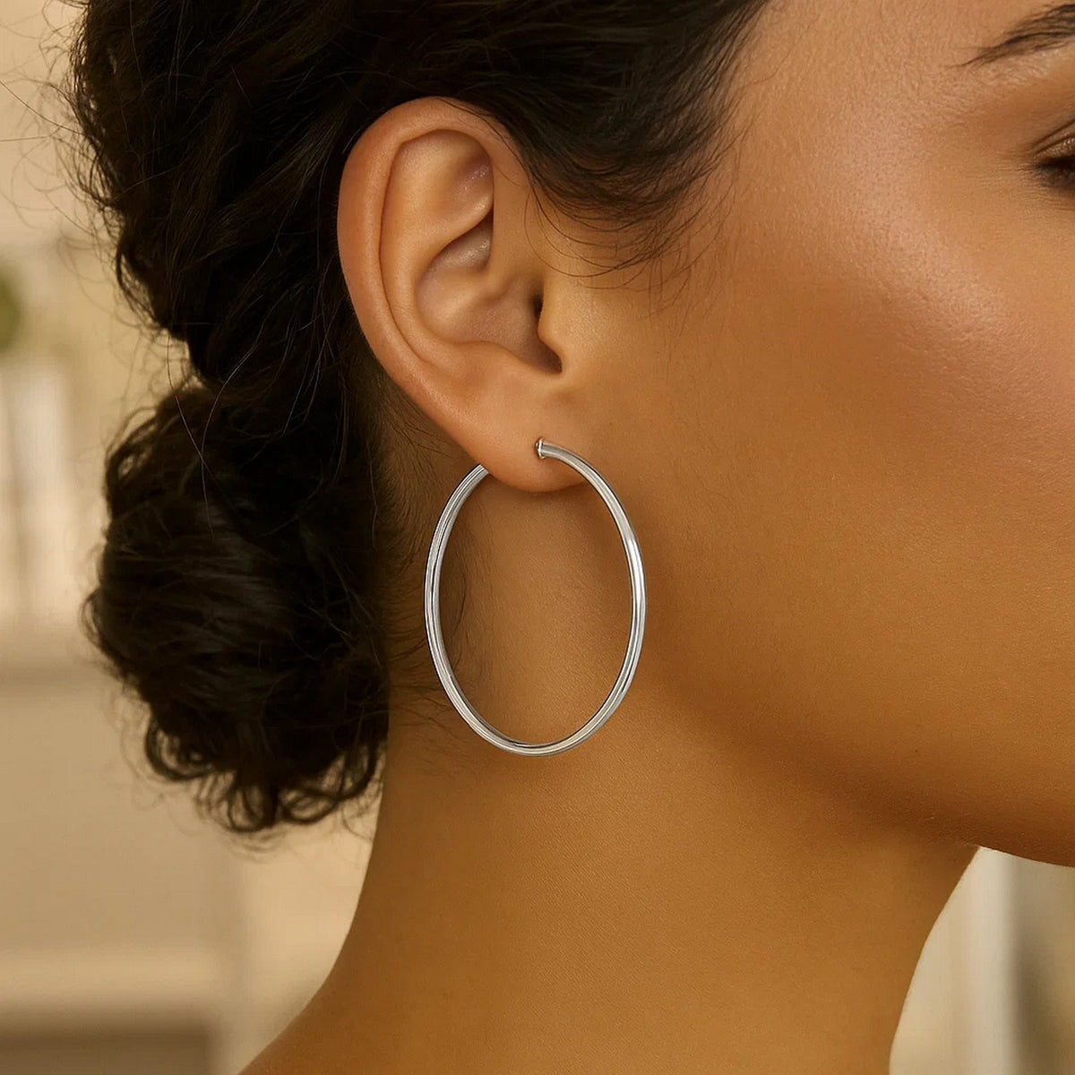 Rhodium Plated Hoop Earrings in Sterling Silver (3x50.00 mm), view 4