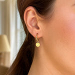 14K Yellow Gold Diamond Disc Charm Hoop Earrings, view 2