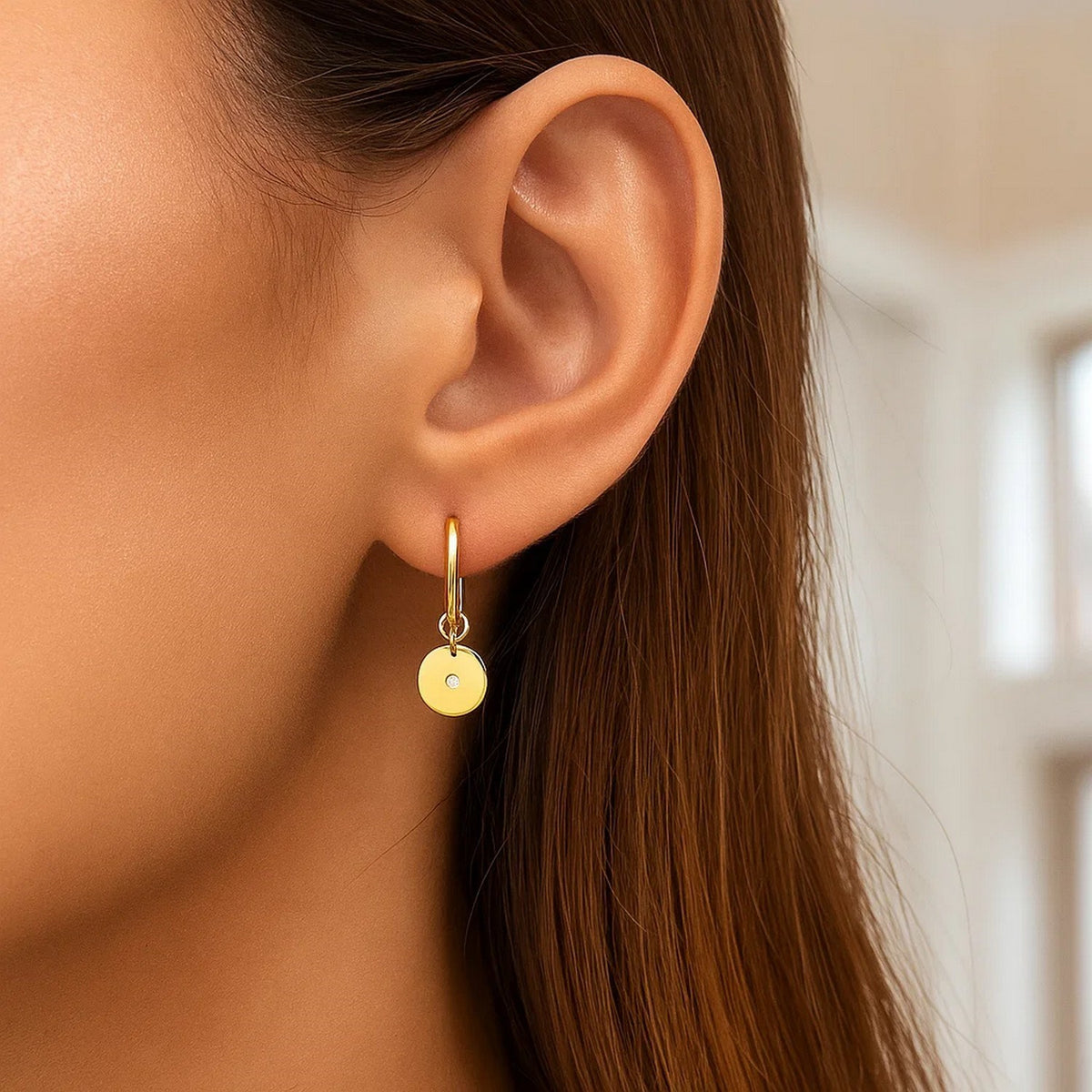 14K Yellow Gold Diamond Disc Charm Hoop Earrings, view 3