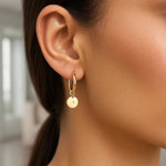 14K Yellow Gold Diamond Disc Charm Hoop Earrings, view 4