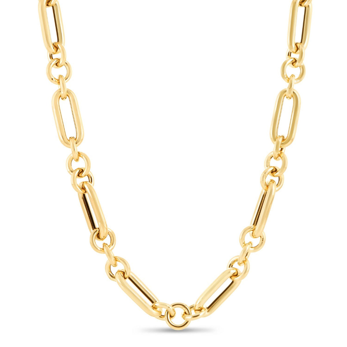 14K Yellow Gold Italian Alternating Paperclip Round Links Chain Necklace, view 2