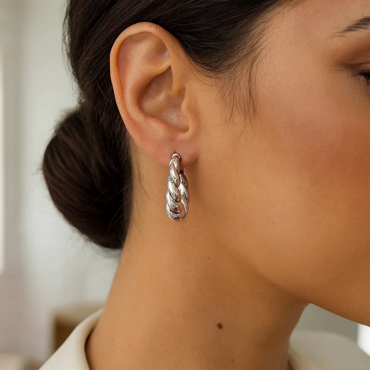 Sterling Silver Rhodium Plated Twisted Hoop Earrings, view 2