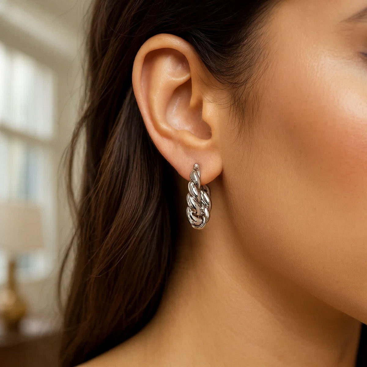 Sterling Silver Rhodium Plated Twisted Hoop Earrings, view 3