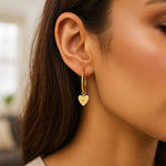 14K Yellow Gold Diamond Heart Charm Hoop Earrings, view 3