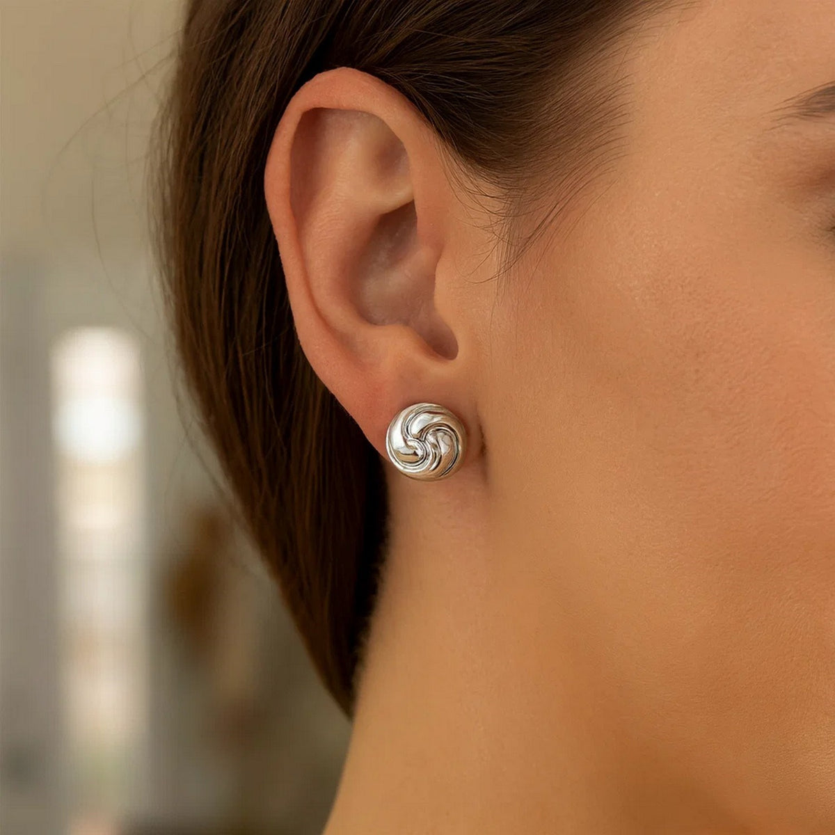 Sterling Silver Puffed Swirly Knot Stud Earrings, view 4