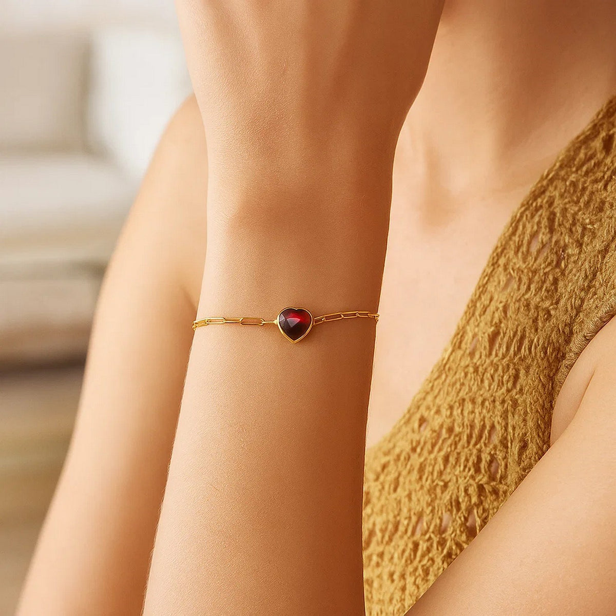 14K Yellow Gold Garnet Heart Bracelet, view 3