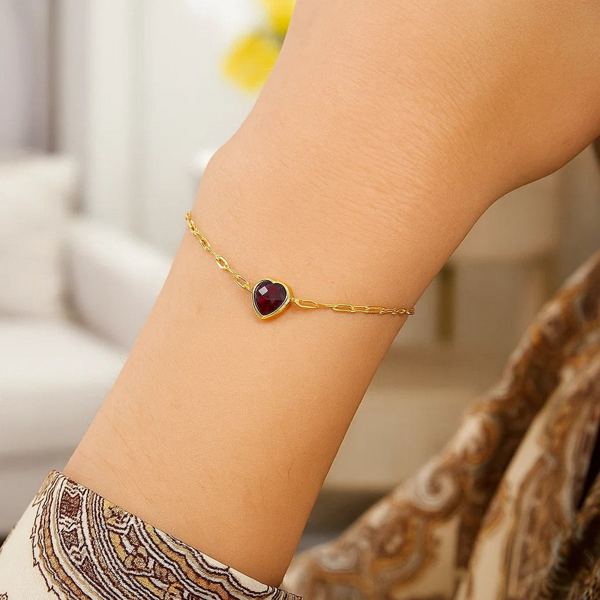 14K Yellow Gold Garnet Heart Bracelet, view 4