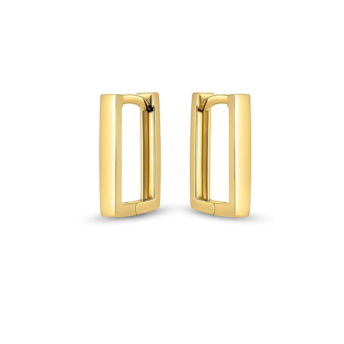 14K Yellow Gold Rectangle Huggie Hoops, view 2