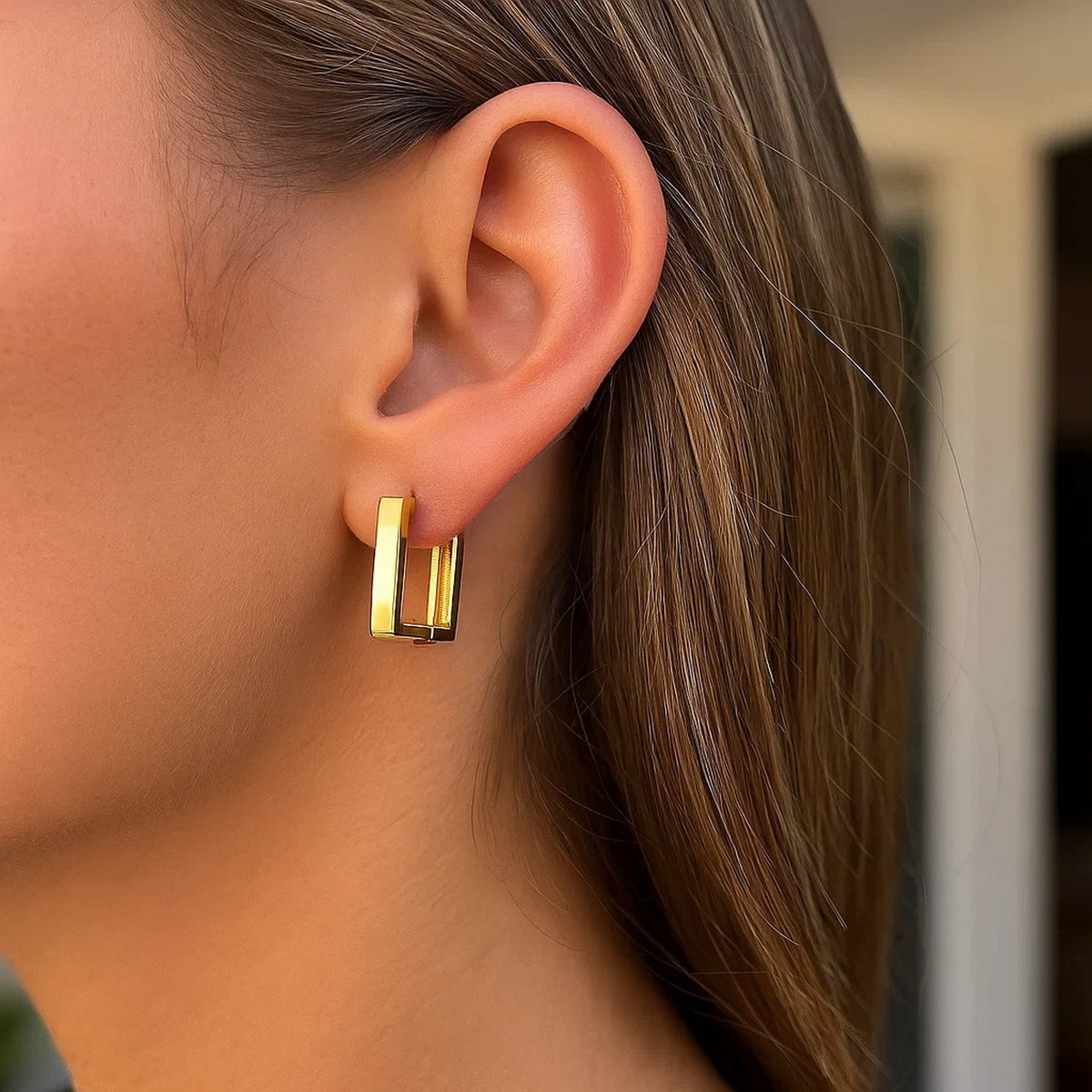 14K Yellow Gold Rectangle Huggie Hoops, view 3