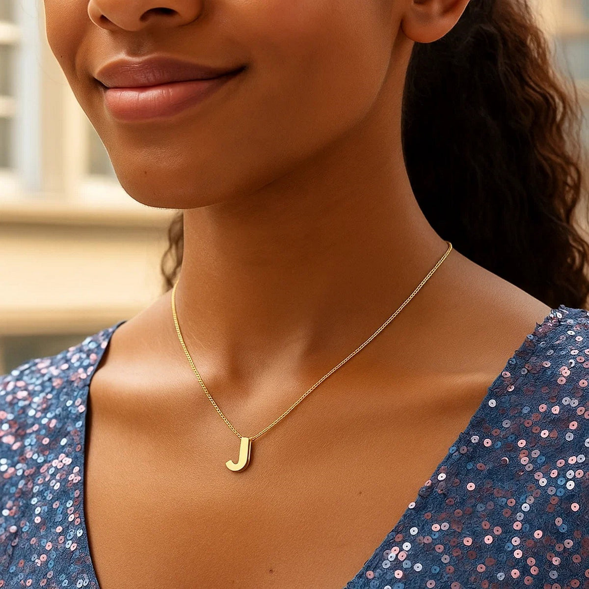 14K Yellow Gold Yours Truly Block Letter Initial J Necklace, view 3