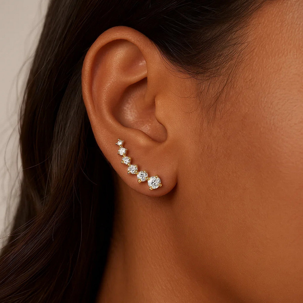 14K Yellow Gold Climber Post Earrings with Cubic Zirconias, view 2
