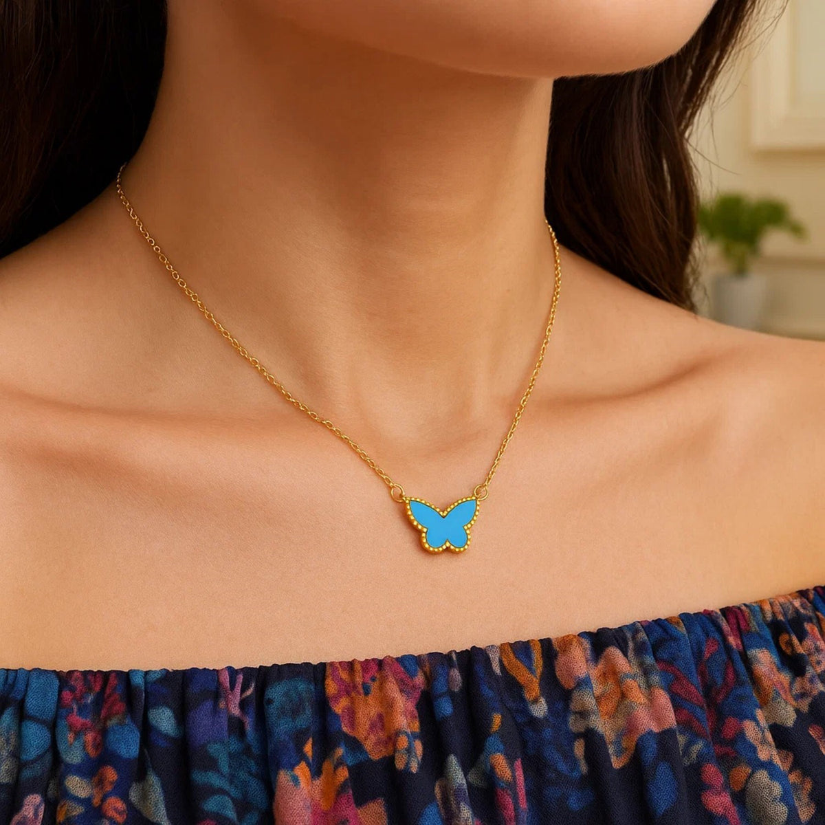 14K Yellow Gold Primavera Turquoise Butterfly Necklace, view 6