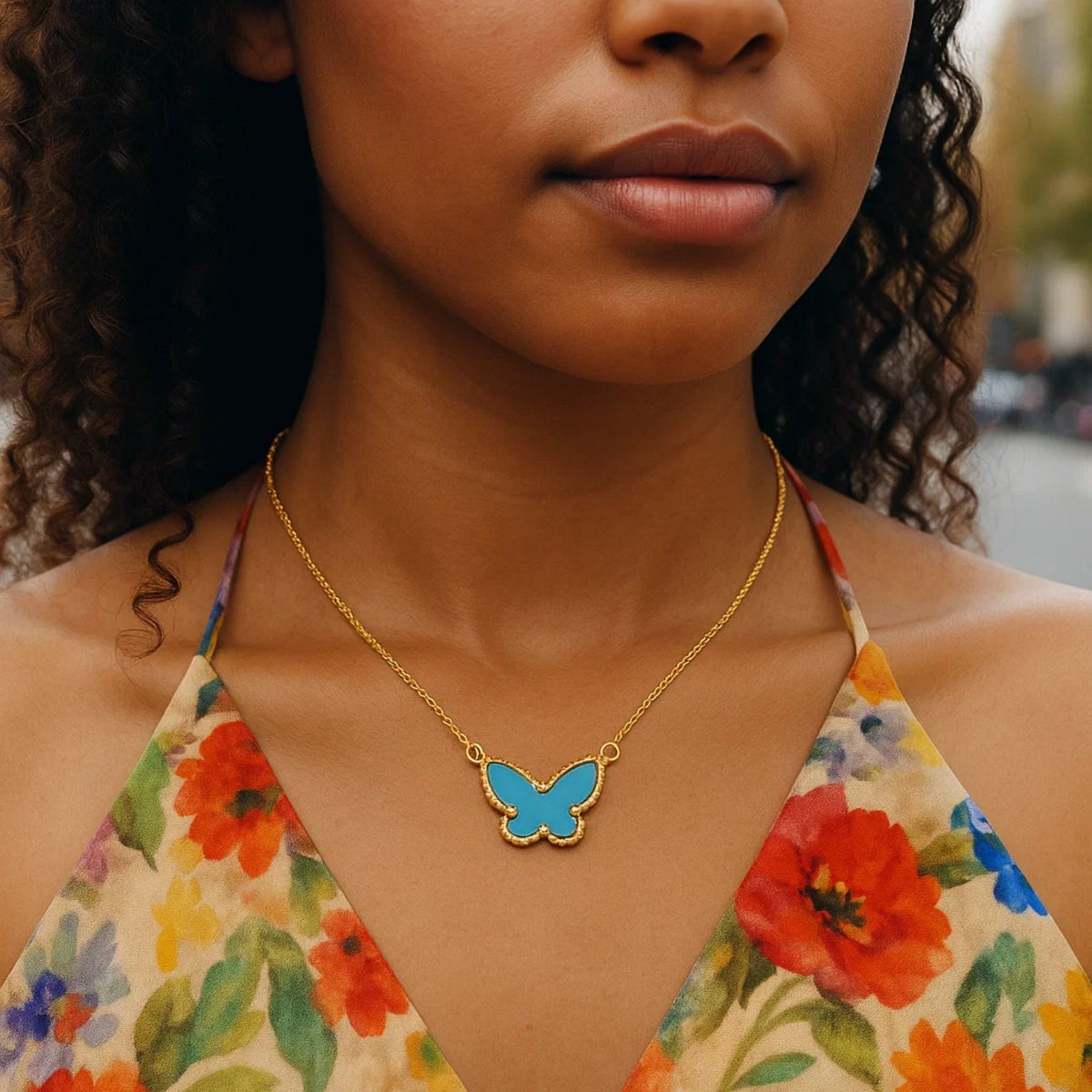 14K Yellow Gold Primavera Turquoise Butterfly Necklace, view 7