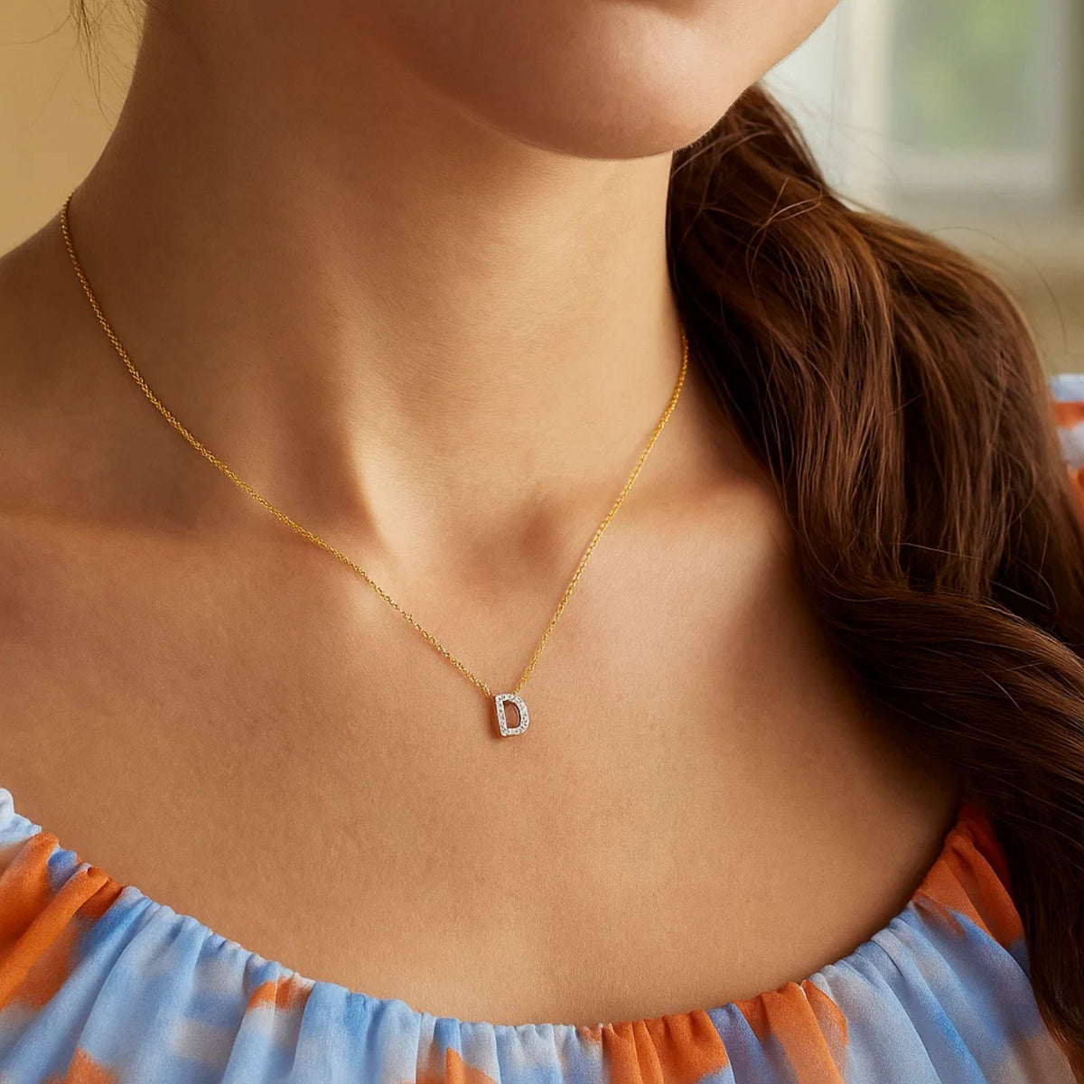 14K Yellow Gold Mini Diamond D Initial Pendant Necklace, view 5