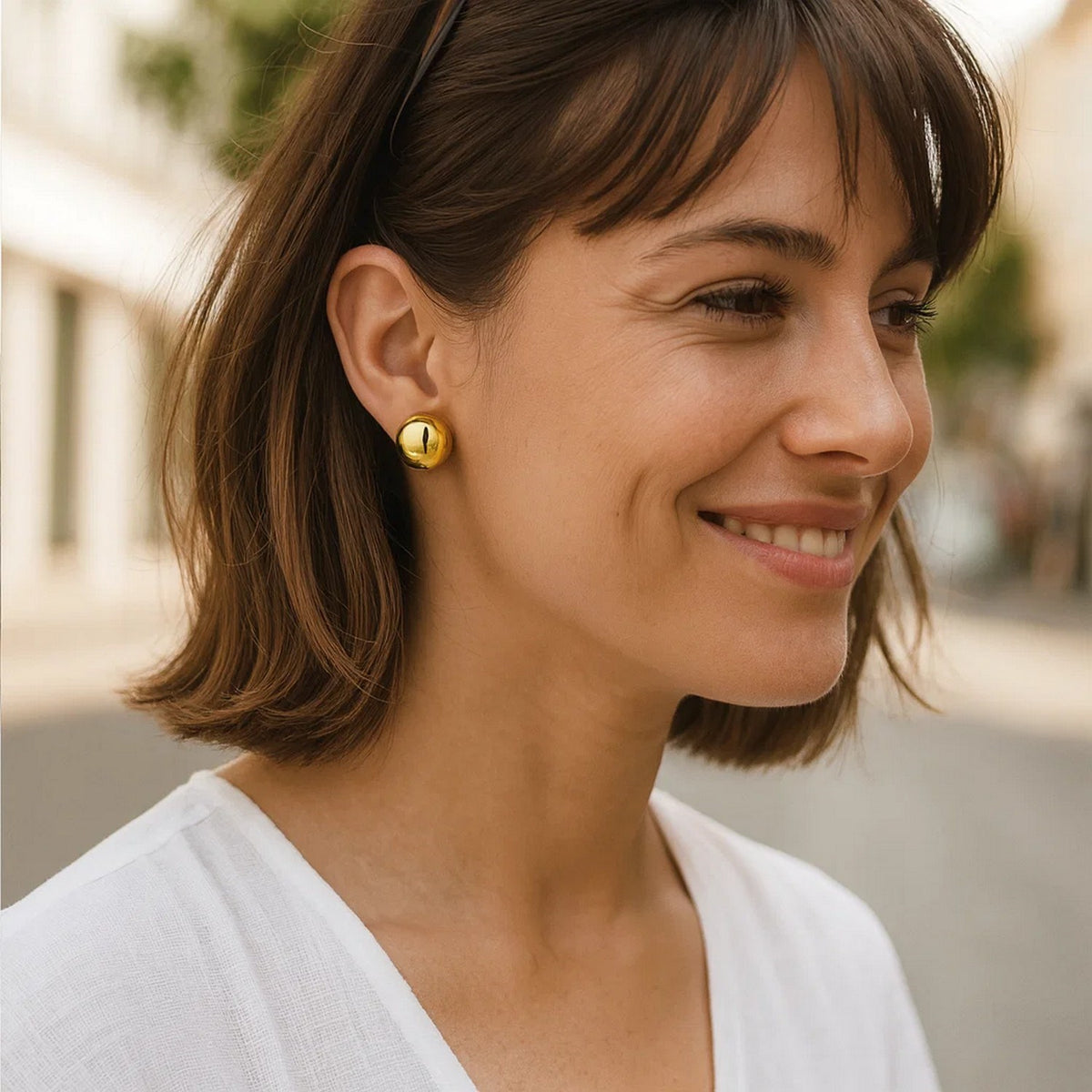 Sterling Silver Yellow Gold Plated Puffed Button Omega Earrings, view 4