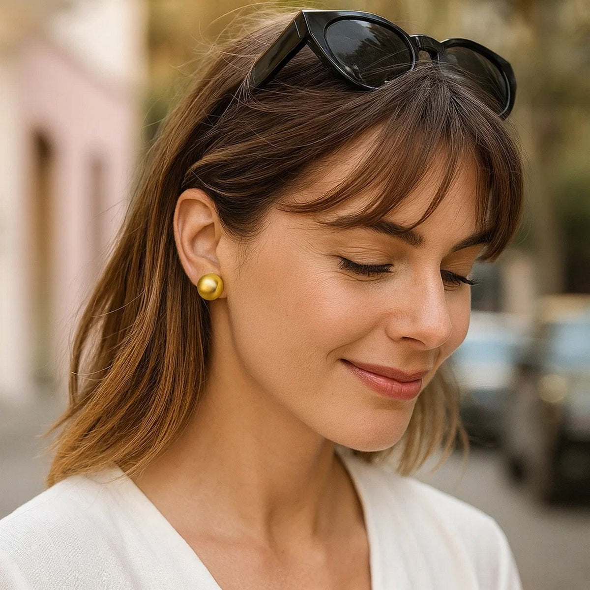 Sterling Silver Yellow Gold Plated Puffed Button Omega Earrings, view 5