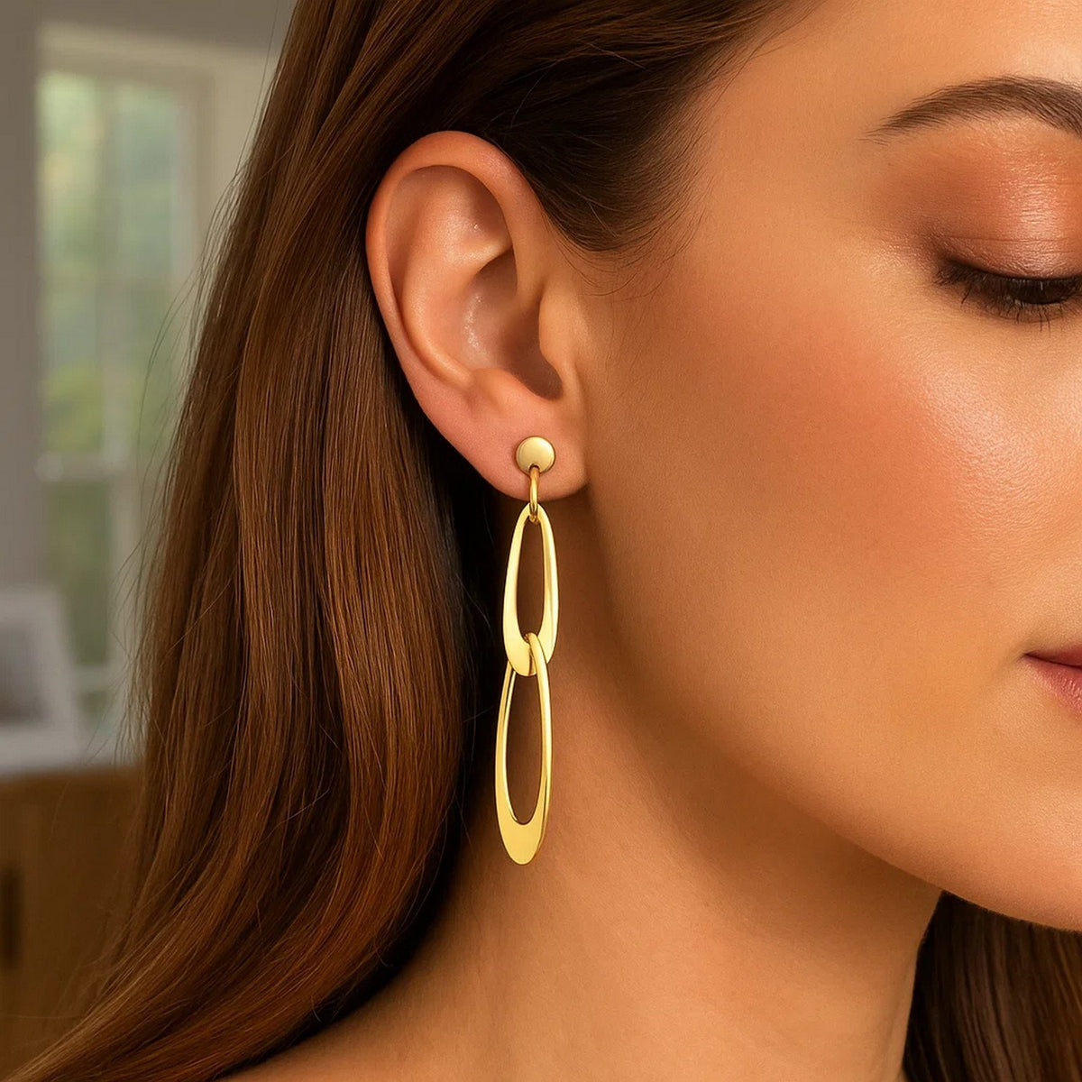 14K Yellow Gold Italian Oval Link Earrings, view 2