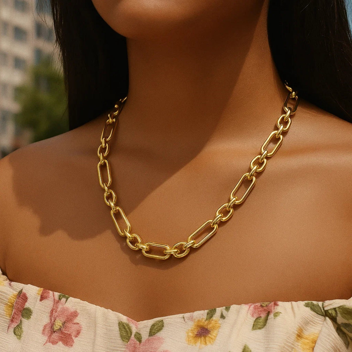 14K Yellow Gold Italian Alternating Paperclip Oval Links Chain Necklace, view 2