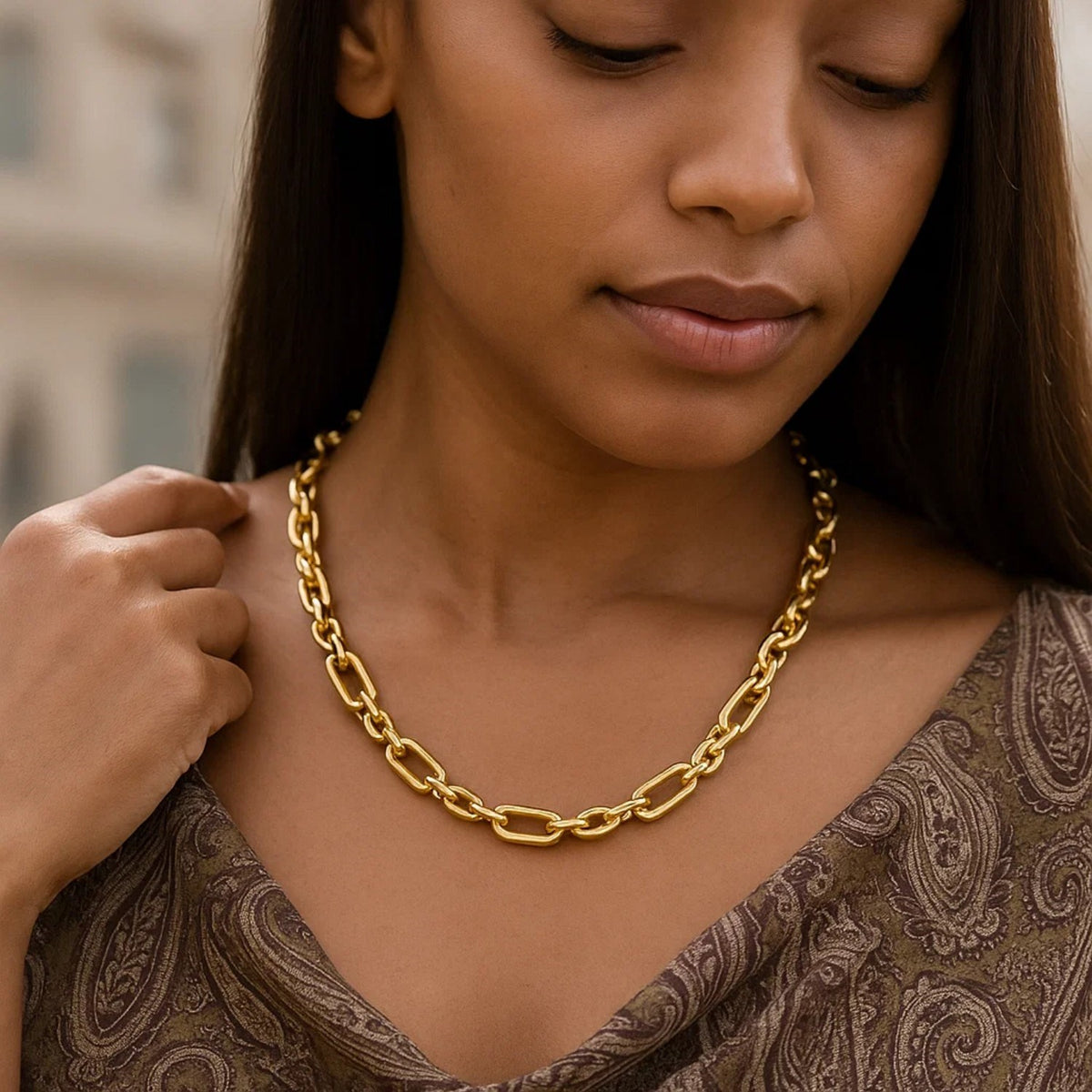 14K Yellow Gold Italian Alternating Paperclip Oval Links Chain Necklace, view 3