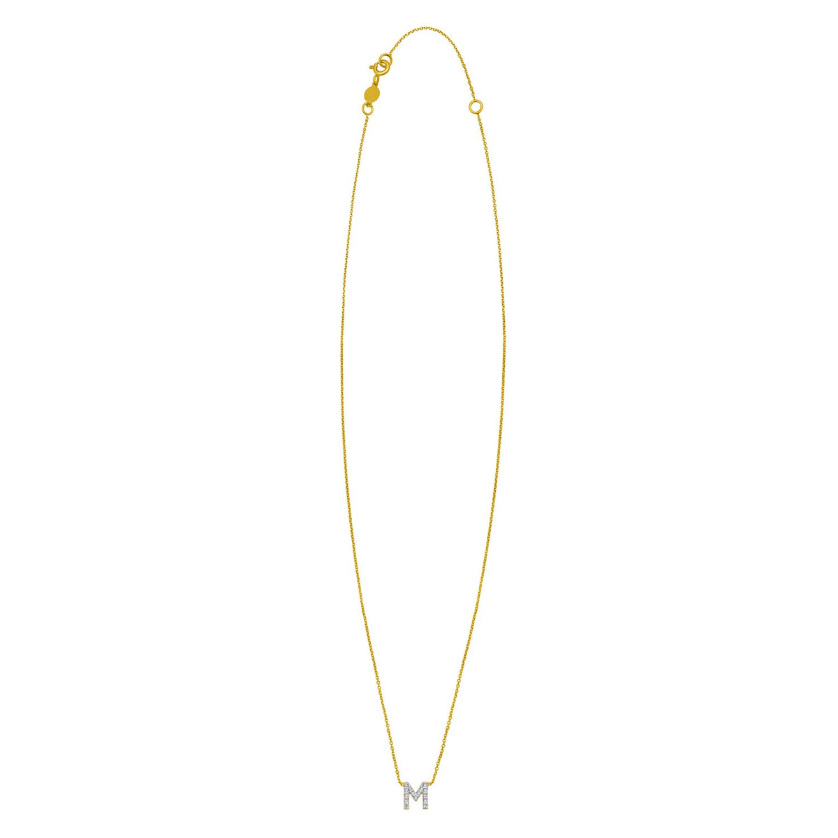 14K Yellow Gold Mini Diamond M Initial Pendant Necklace, view 2