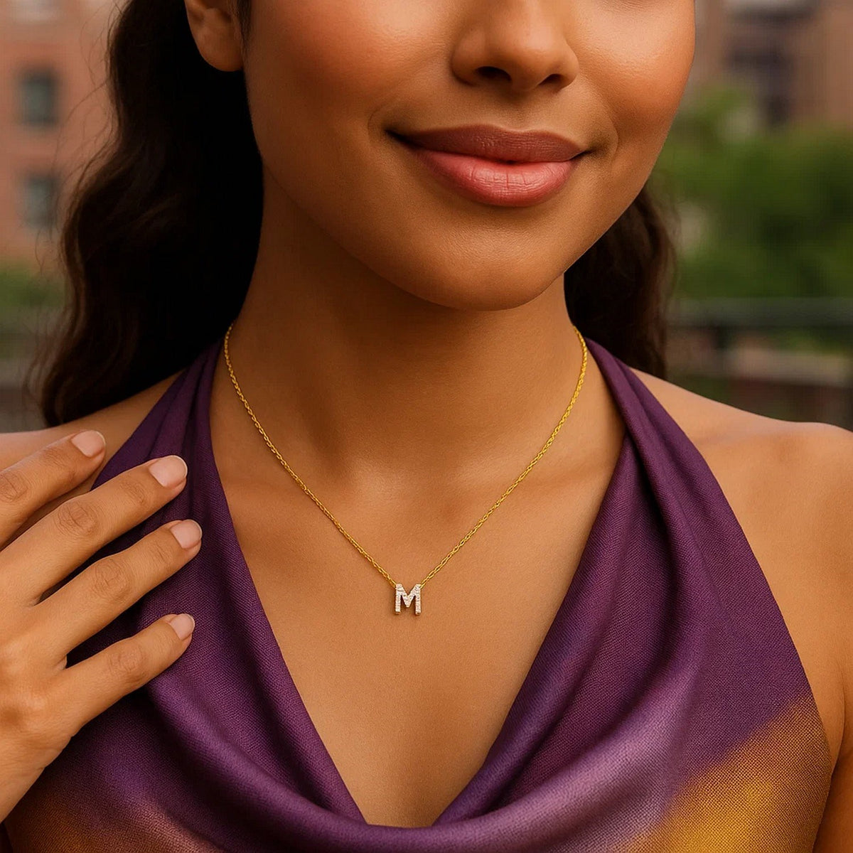 14K Yellow Gold Mini Diamond M Initial Pendant Necklace, view 4