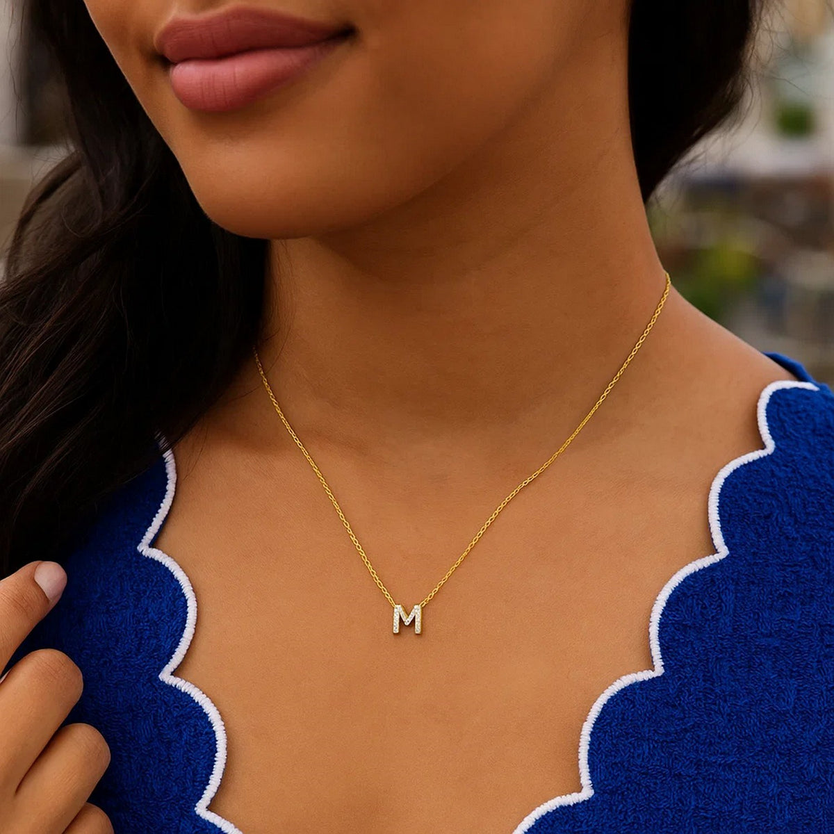14K Yellow Gold Mini Diamond M Initial Pendant Necklace, view 5