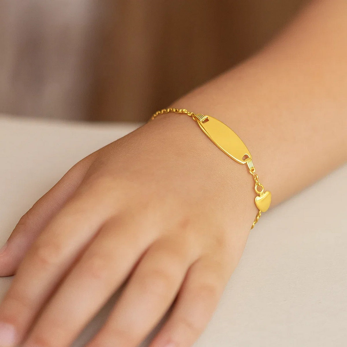 14K Yellow Gold Heart Accented Childrens Cable Chain ID Bracelet (6.35 mm), view 6