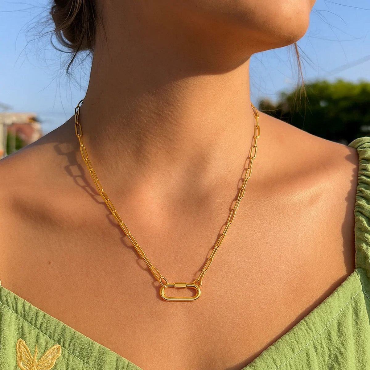 14K Yellow Gold Paperclip Chain Necklace with Oval Carabiner Clasp, view 2