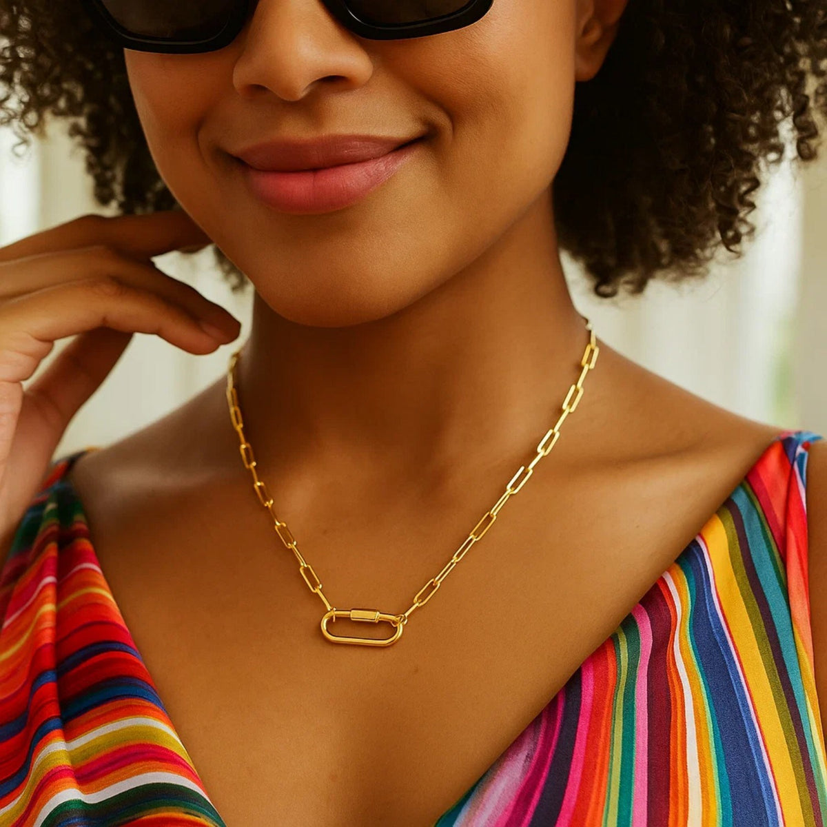 14K Yellow Gold Paperclip Chain Necklace with Oval Carabiner Clasp, view 3