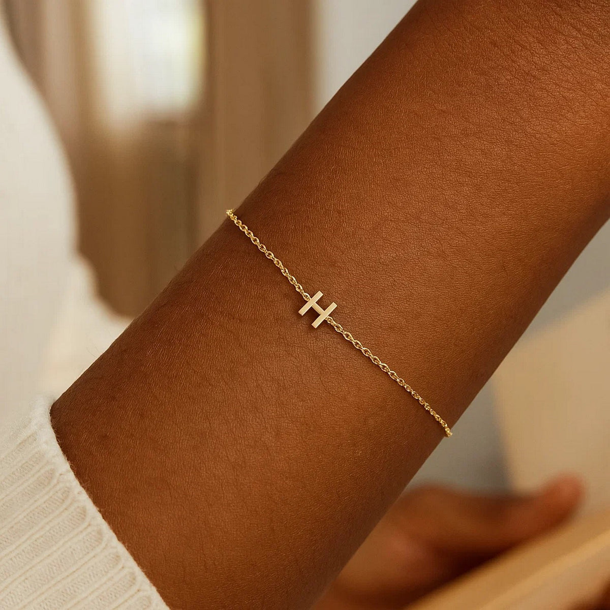 14K Yellow Gold Mini Initial H Bracelet, view 5