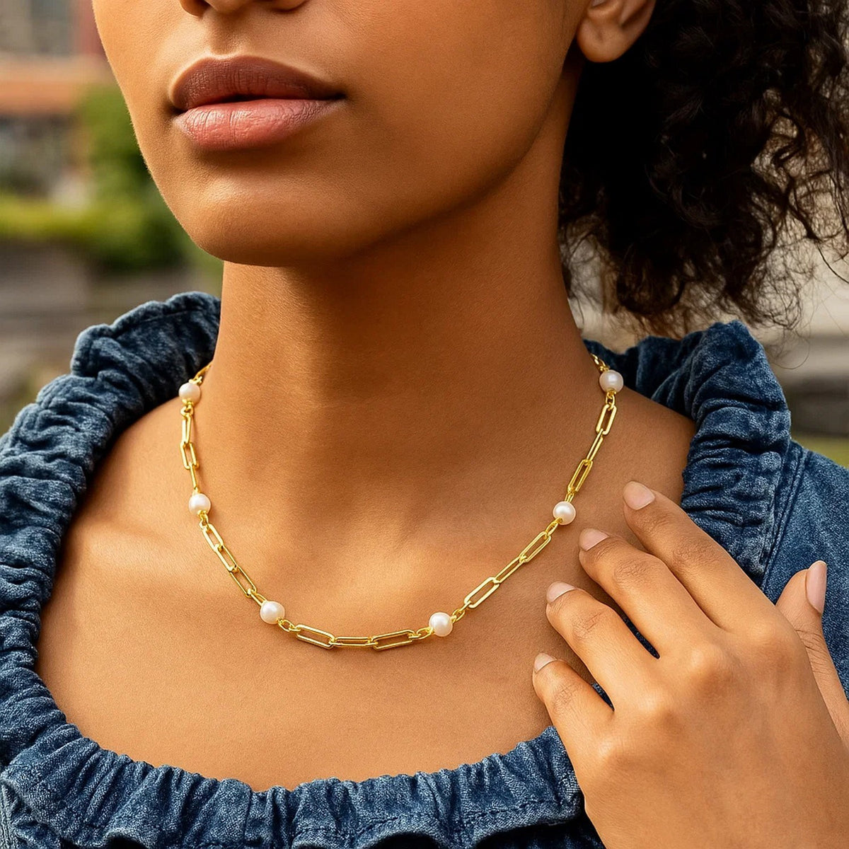14K Yellow Gold Paperclip Chain and Pearl Necklace, view 3