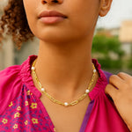 14K Yellow Gold Paperclip Chain and Pearl Necklace, view 4