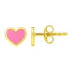 14K Yellow Gold and Enamel Pink Heart Stud Earrings
