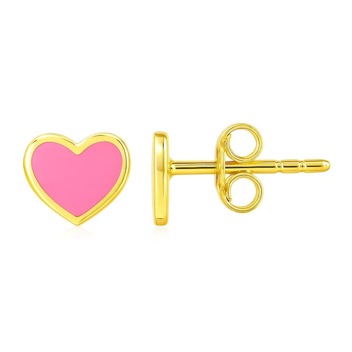 14K Yellow Gold and Enamel Pink Heart Stud Earrings