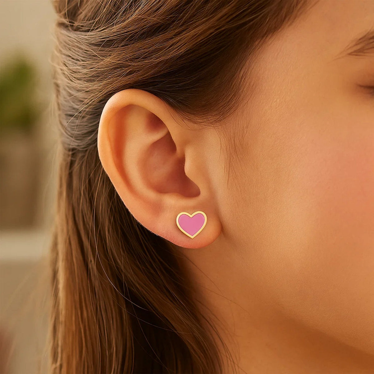14K Yellow Gold and Enamel Pink Heart Stud Earrings, view 2