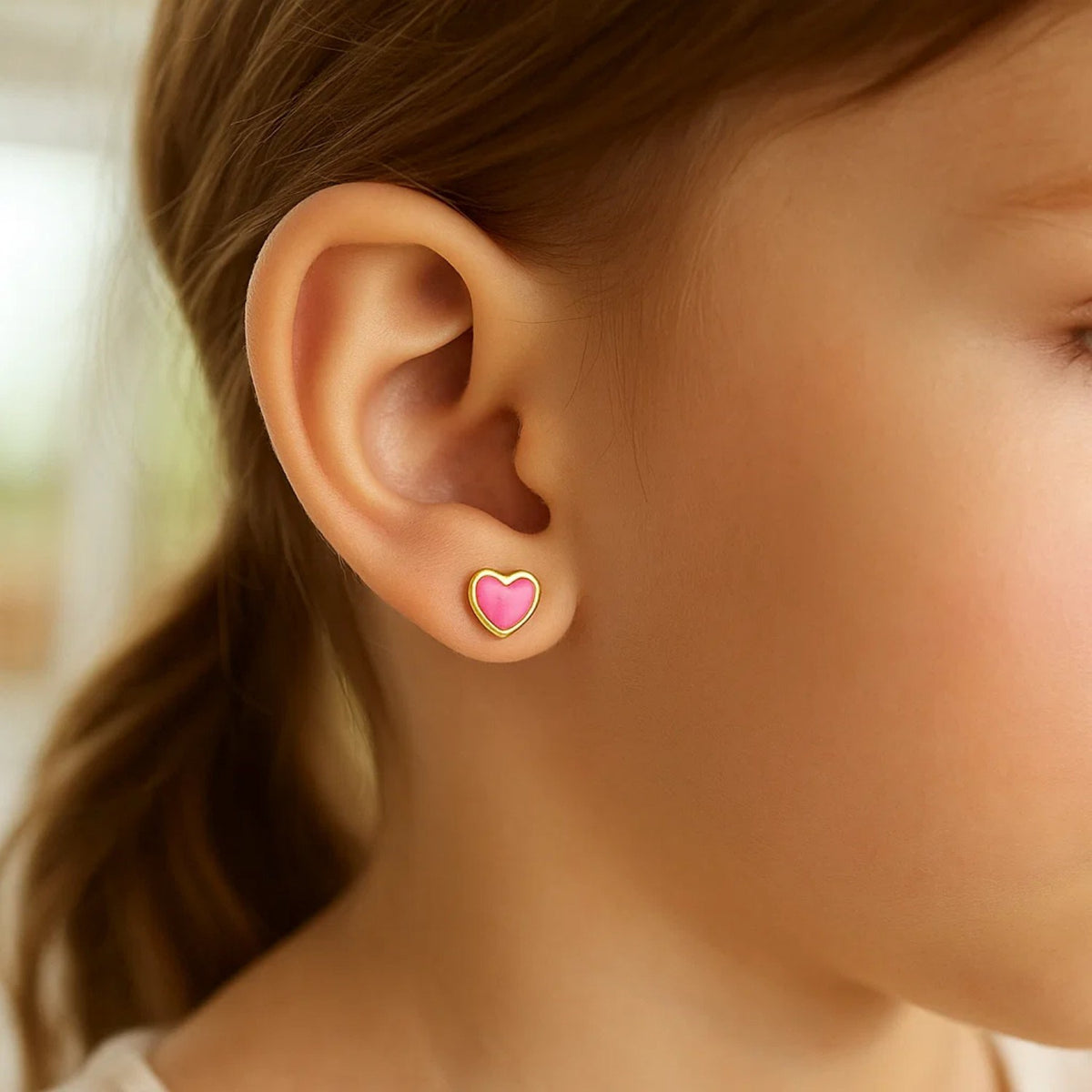 14K Yellow Gold and Enamel Pink Heart Stud Earrings, view 3