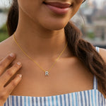 14K Yellow Gold Mini Diamond R Initial Pendant Necklace, view 5