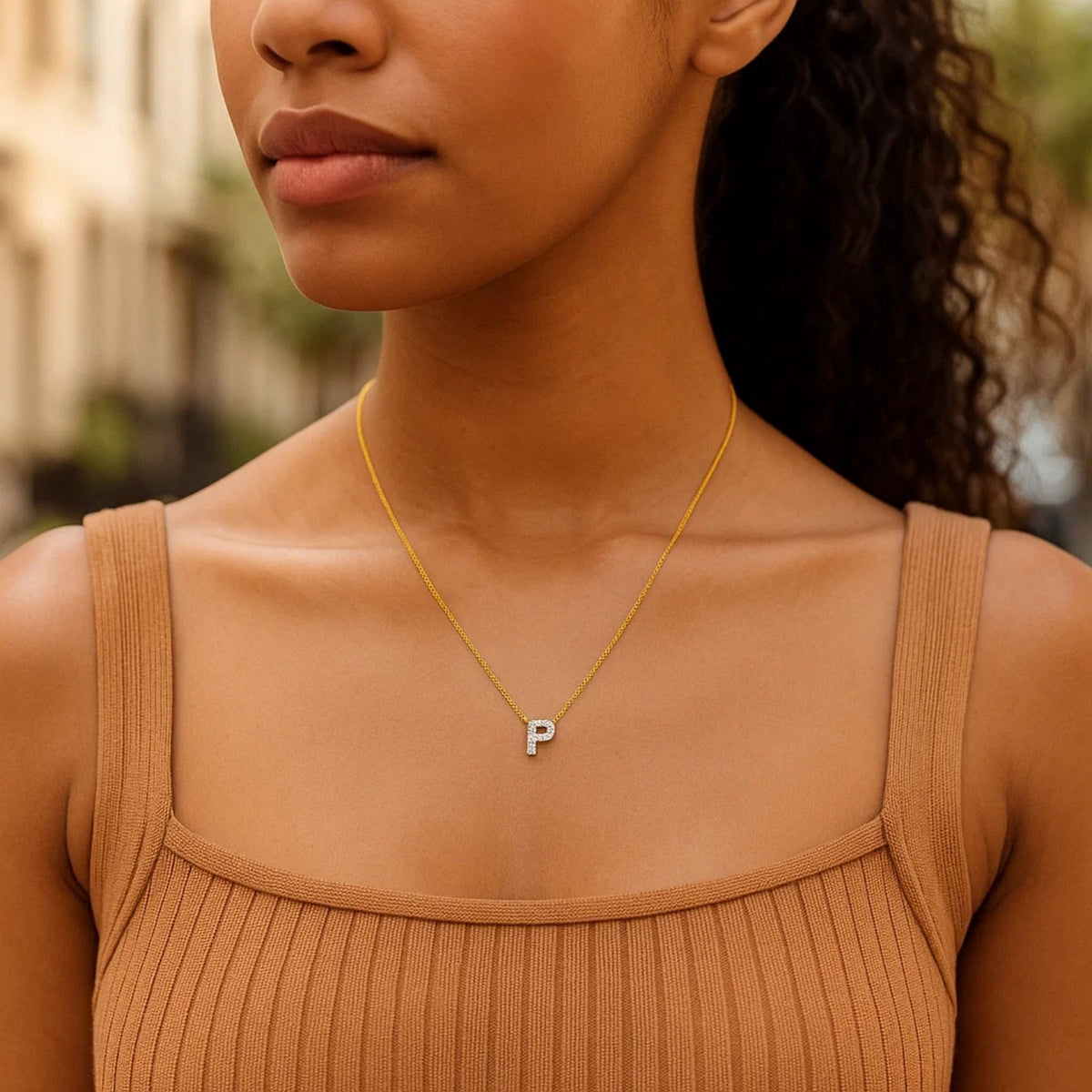 14K Yellow Gold Mini Diamond P Initial Pendant Necklace, view 5