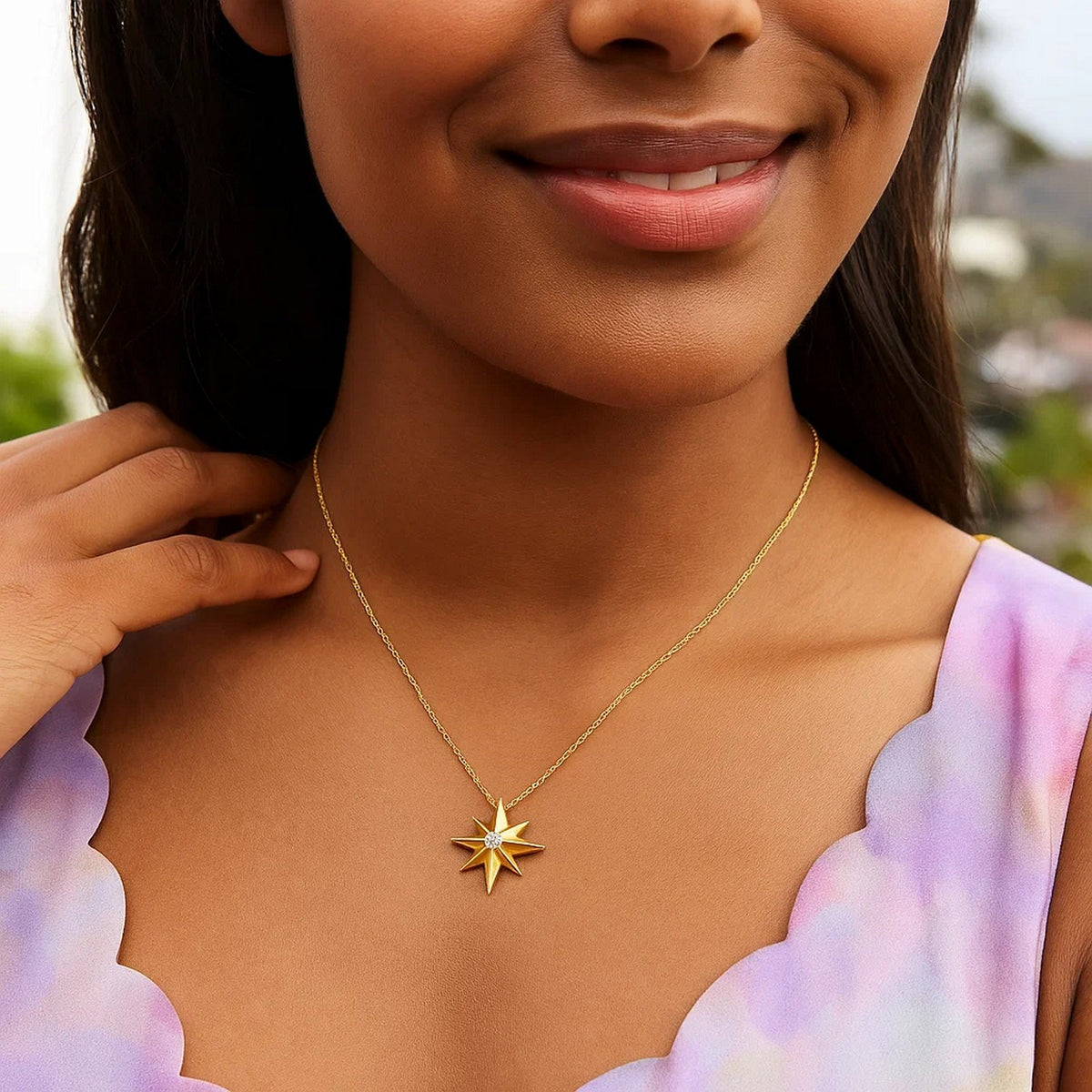 14K Yellow Gold High Polish North Star Necklace, view 4