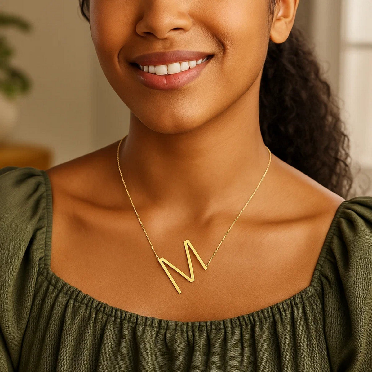 14K Yellow Gold Yours Truly Large Initial M Necklace, view 3