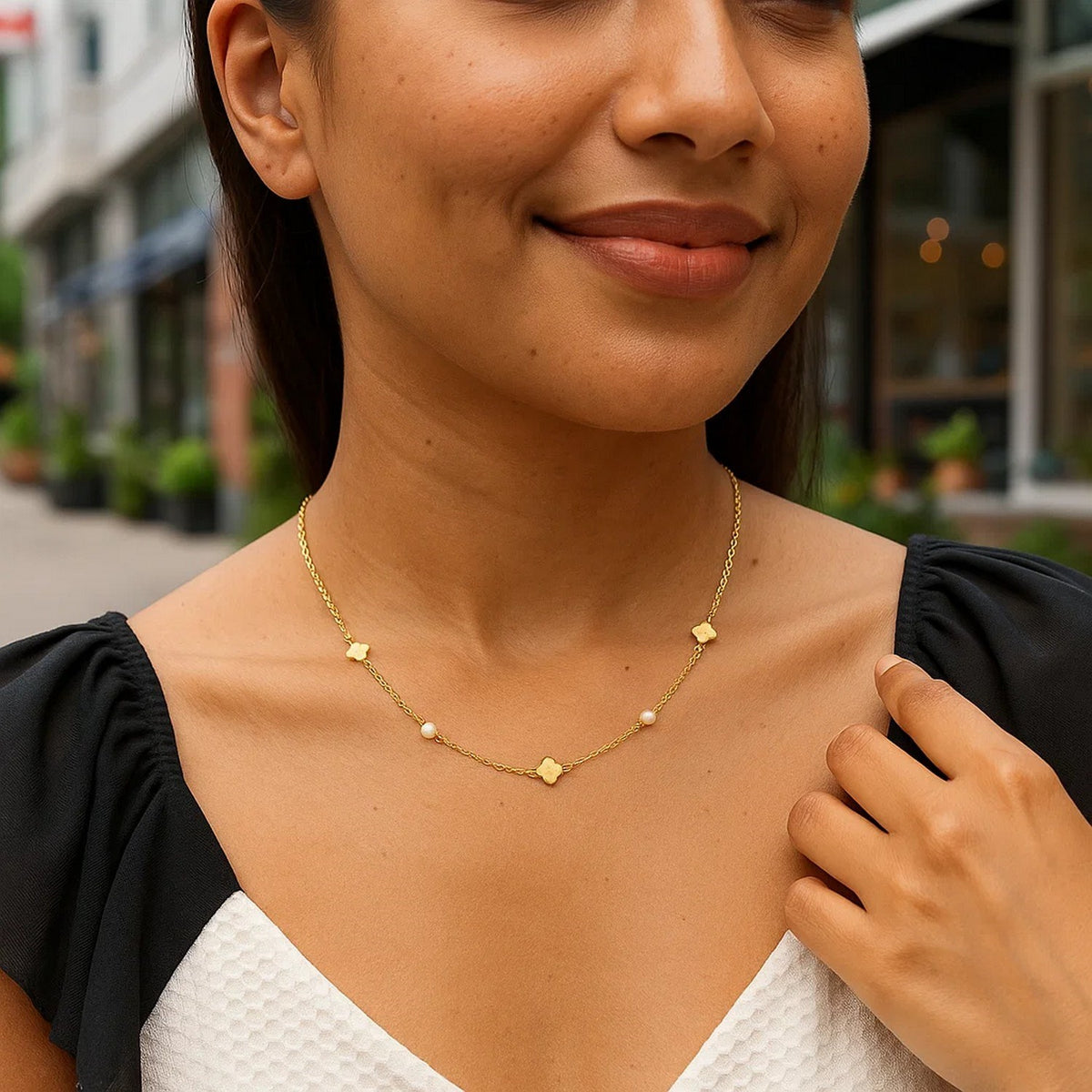 14K Yellow Gold Pearl Clover Necklace, view 3