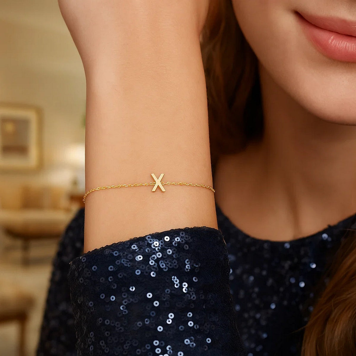 14K Yellow Gold Mini Initial X Bracelet, view 4