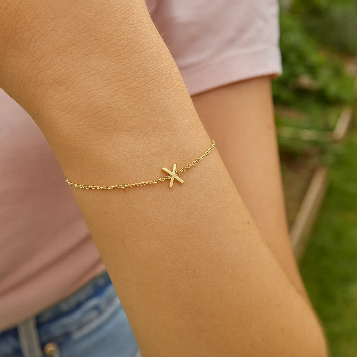 14K Yellow Gold Mini Initial X Bracelet, view 5