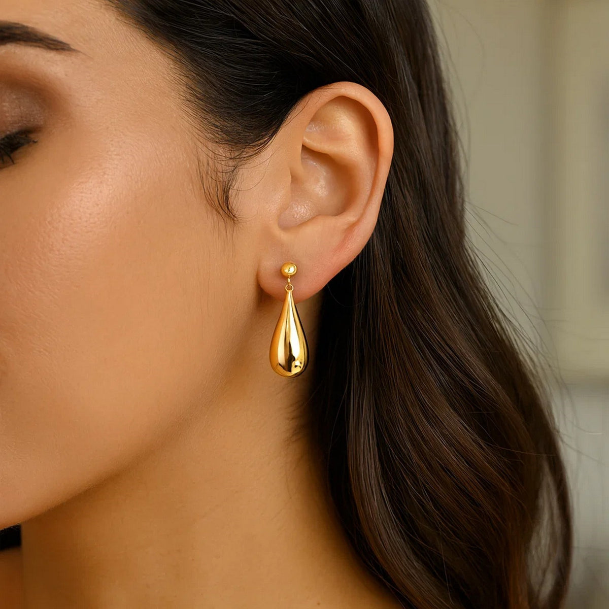 Sterling Silver Yellow Gold Plated Puffed Teardrop Dangle Earrings, view 5