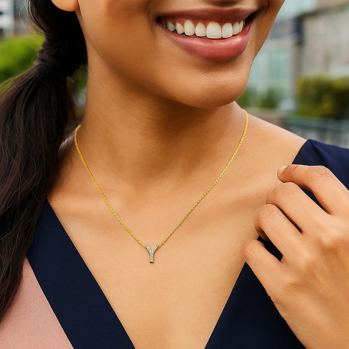14K Yellow Gold Mini Diamond Y Initial Pendant Necklace, view 5