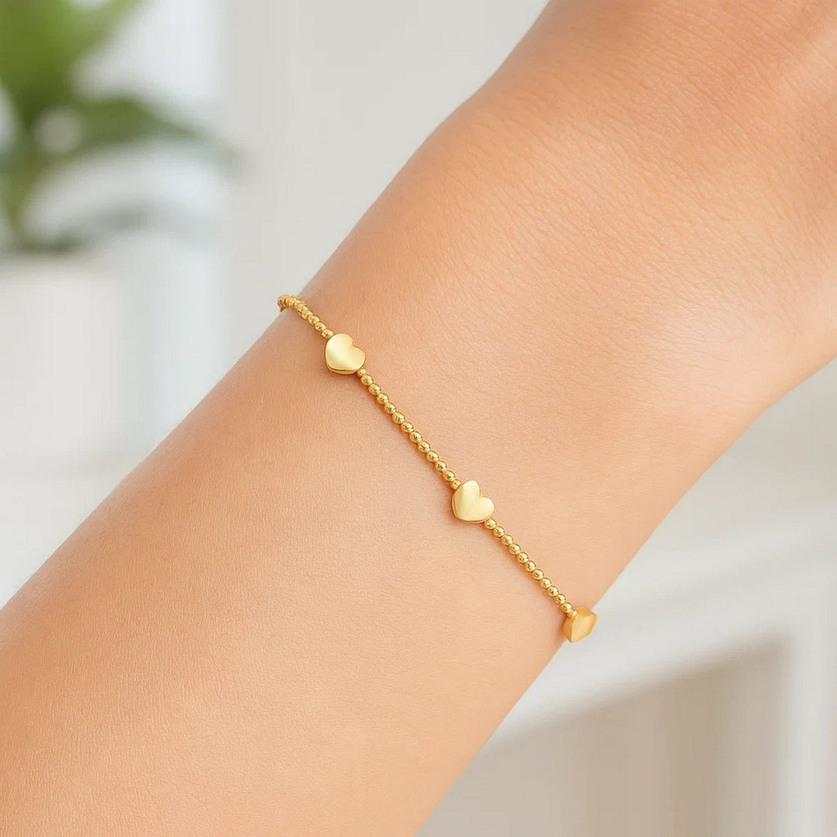 14K Yellow Gold Heart Station Bead Bracelet, view 3