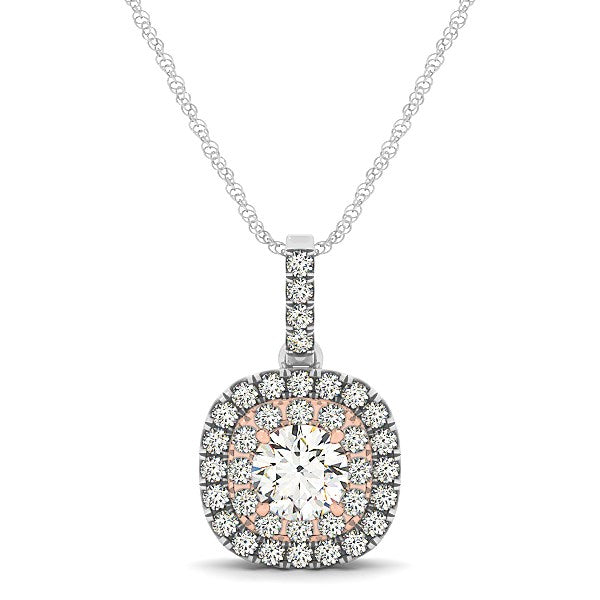 14K White And Rose Gold Cushion Shape Halo Diamond Pendant (1/2 cttw)