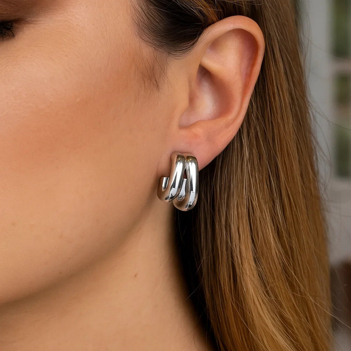 Sterling Silver Double Row Big and Small Hoop Earrings, view 4